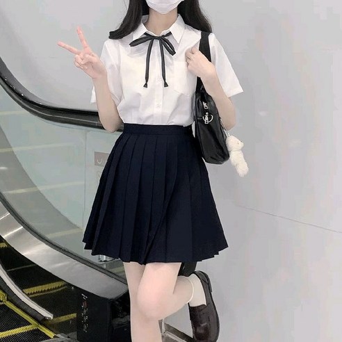 학원풍 여자 교복 3종세트 반팔 셔츠+주름치마 학생복 졸업사진 코스프레