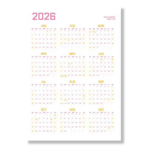 생활특별시 2026년 한장 달력 벽걸이 대형 1년 포스터 달력 플래너 집꾸미기 달력 캘린더 연간계획표 예쁜 감성 인테리어 벽달력 연력 새해 신년 달력 선물, 1장, 핑크오렌지