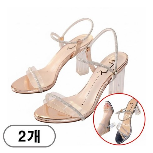 차쿠 1+1 여성 스트랩 큐빅 하이힐 샌들 투명 클리어 굽 시원한 샌들 굽7CM