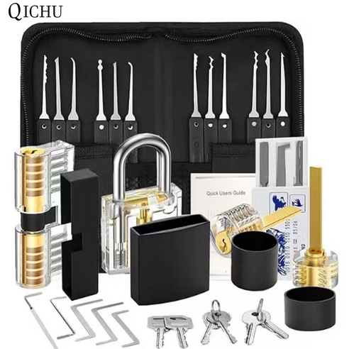 QICHU 38pcs 락픽세트 멀티 픽 투명 자물쇠 락픽 키트 연습용 열쇠 수리공 전문가용 자물쇠 열쇠 따는 도구 휴대용 만능 ...