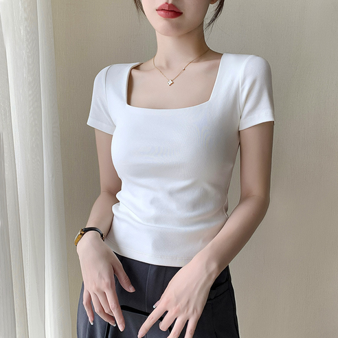 봄 여름 여성용 슬림핏 슬리밍 스퀘어넥 티셔츠