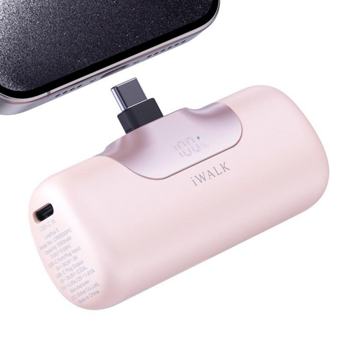 아이워크 iWALK 도킹형 미니 보조배터리 PD 22.5W 초고속충전 5500mAh C타입 일체형 아이폰 갤럭시 휴대용 LED잔량표시, 핑크