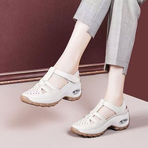 Ashysnow 리얼 가죽 통굽 샌들 여성 여름 펀칭 통기성 컴포트 아일렛 슈즈 4.5cm