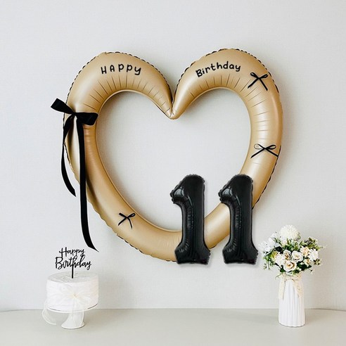 연지마켓 생일 하트프레임풍선 블랙 숫자 생일파티 용품 세트 (자유레터링), 1세트, 베이지하트 숫자 11
