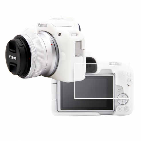 CANON EOS R50 카메라 하우징 범퍼 케이스 + 액정 방탄유리 필름, 화이트