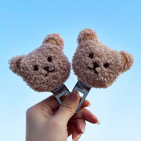 곰돌이 캐릭터 부드러운 털안감 차량용 안전벨트 연장 버클 클립 커넥터 2p 세트, 1개, 연베이지