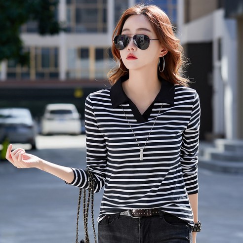 NEW 여성 폴로 골프 긴팔티 줄무늬티셔츠 브이넥티긴팔 여자 봄 티셔츠 여성골프티셔츠 니트긴팔티 소프트 프리미엄원단