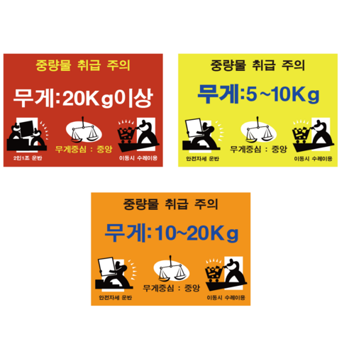 무게중심 중량물 취급주의 올바른 작업자세 및 방법 스티커 라벨 20kg이상 무게표시(1SET=10장) - 라벨스티커 | 쿠팡