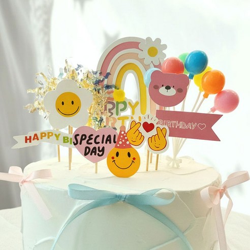 생일 파티용품 생일케이크토퍼 레인보우벌룬토퍼세트 1세트 8종, 1개, 핑크