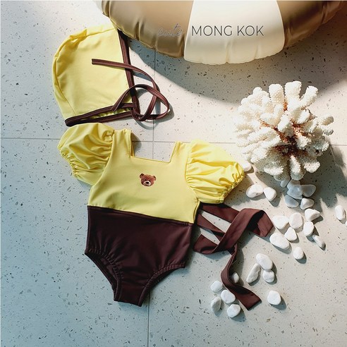 몽콕 여아 곰곰 수영복 모자 세트