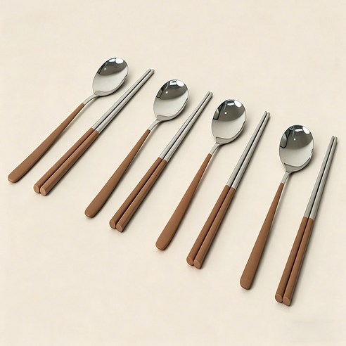 FASEN 304스텐 수저세트 한식 2인/4인 수저세트, 1세트, 숟가락(4p) + 젓가락(4p), 브라운