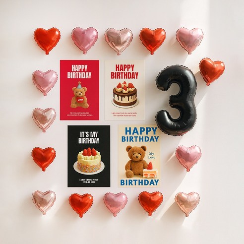 해피제이니 심플 이즈더 미니하트 20개 국산 생일포스터 숫자 호일풍선 생일 파티용품세트, 1세트, 레드 숫자3