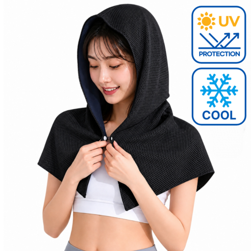 글로넥트 후드형 UV차단 스포츠 냉감 타월 아이스쿨링 등산 러닝 골프 헬스, 블랙, 1개
