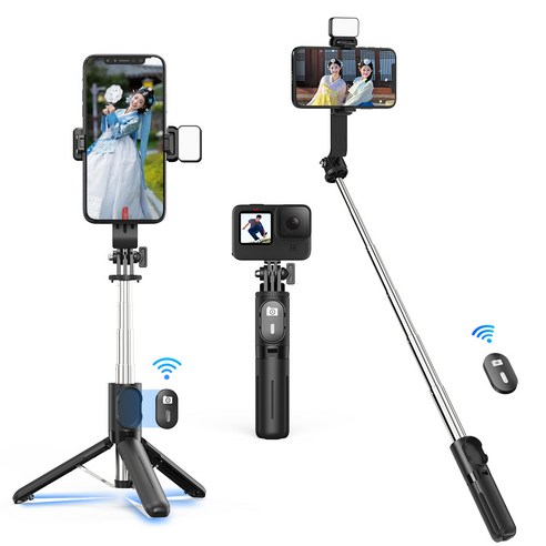 NICESUN 미니 블루투스 휴대폰 삼각대 스마트폰/카메라/고프로 삼각대 셀카봉 71cm P06, 블랙, 1개