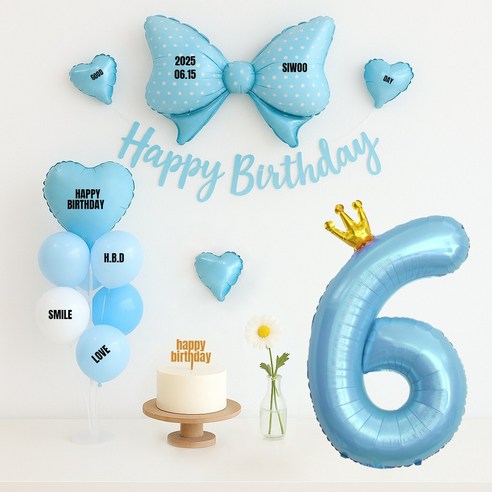 해피제이니 핑크앤블루 대형리본 숫자풍선 생일파티 가랜드 풍선 파티세트(프리레터링시트지 포함), 블루리본 6번, 1세트