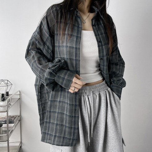 레이디스룸 [살탐방지~3XL] 거즈 왕박시 오버핏 긴팔 체크 셔츠 남방 남녀공용