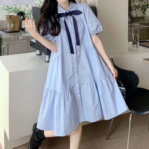 싱싱덴덩 빅사이즈원피스 150kg 스쿨 원피스 블루 A라인 스커트 주름 폴로넥