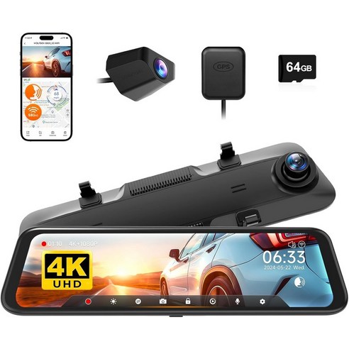 WOLFBOX G850 12인치 4K 후방 뷰 미러 카메라 5.8GHz WiFi 및 음성 제어 스마트 대시 캠 전면 후면 1080P 백업 WDR 64GB 카드 GPS 포함