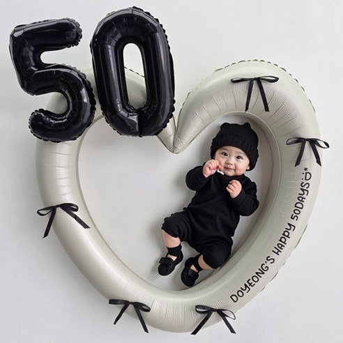 이벤트홀릭 50일 풍선 하트프레임 리본 세트(레터링 스티커 포함), 1개, 02.하트크림 리본블랙
