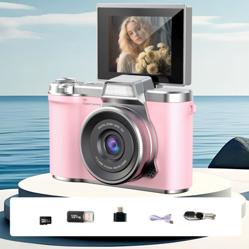 SMABAT 디지털 카메라 빈티지 Y2k 카메라 6400만 4k 화소 내장 플래쉬 SD카드 포함 Type-C 충전, 핑크