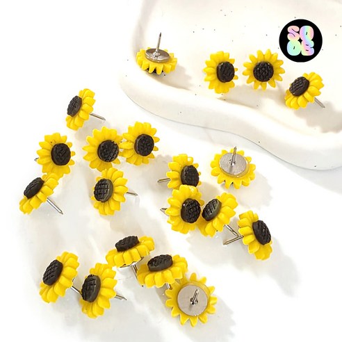 20p 예쁜 해바라기 꽃 압정 sunflowers 푸쉬핀 셋트 데스크 벽꾸미기 엽서 사진 크로크보드 게시판 지도 사무실 침실벽꾸미기, 1세트, 20개입