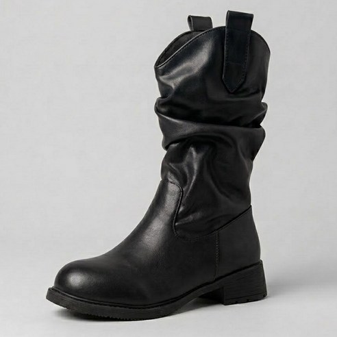 타니즈 레덤 주름 웨스턴 미들부츠 힐 3.5cm