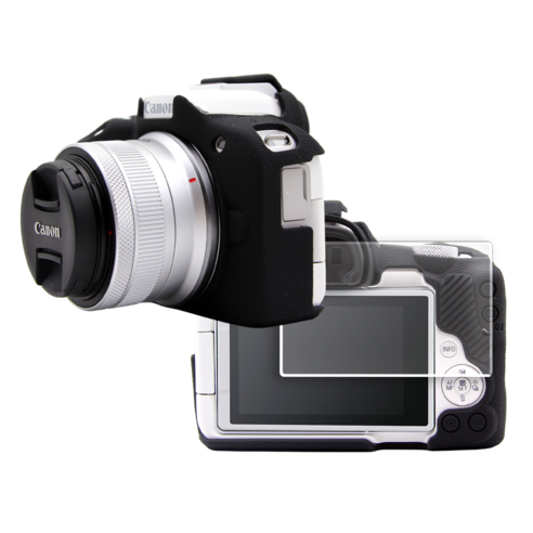 CANON EOS R50 카메라 하우징 범퍼 케이스 + 액정 방탄유리 필름, 블랙