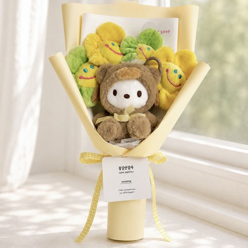 산리오 라떼베어 가방고리 키링13cm 스마일꽃4송이 인형꽃다발 졸업선물 생일선물 졸업식꽃다발, 1개, 포차코, 350mm