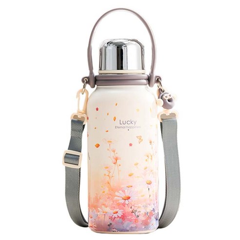 GIANXI 휴대용 대용량 손잡이형 보온병 스트랩 포함, 1개, 1500ml, 오렌지 + 핑크