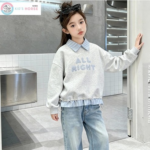 따뜻함과 스타일을 한 번에! 키즈목마 겨울 여아 기모 맨투맨 & 와이드 데님 세트