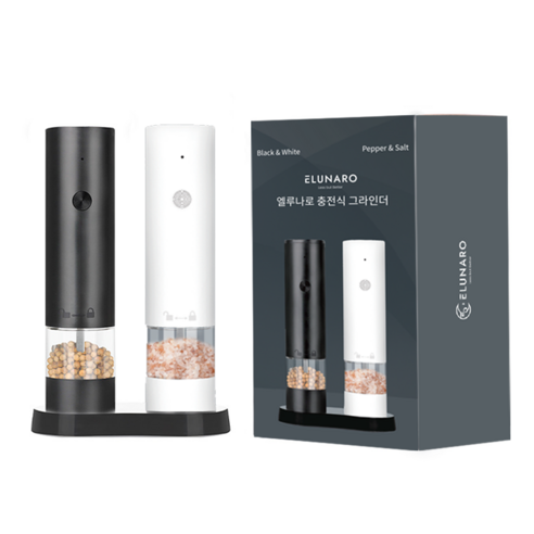 1+1 엘루나로 충전식 자동 전동 소금 후추 그라인더, 블랙+화이트, 1개, 60ml