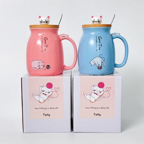 고양이 예쁜 머그컵 [ 뚜껑세트 카페컵 생일선물 도자기컵 여친 남친 선물 홈카페 나혼자산다 답례품 개업선물 합격선물 윤스테이 뚜껑컵 집들이선물 귀여운 고양이 티스푼 ], 핑크, 1개