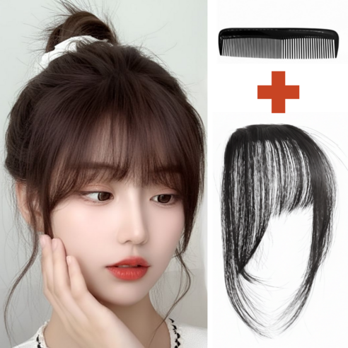 폴케이 인모 100% 프리미엄 앞머리 가발, 1개, 내츄럴 블랙+휴대용 빗