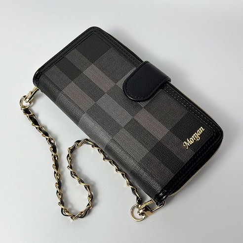 아모하 갤럭시S25 SM-S931N 전용 Morgan 체크 패턴 지퍼 카드 수납 지갑형 다이어리 핸드폰 케이스 + 스트랩