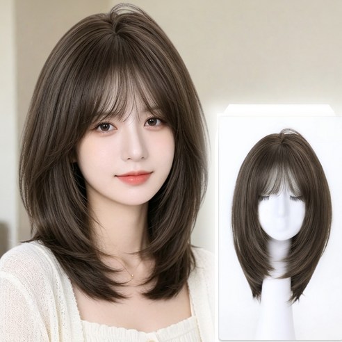 믹스알리 전체 가발 쇄골 통가발 여성 일체형 중단발레이어드컷, 1개, 02 쿨브라운