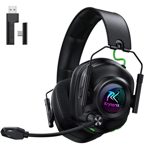 Krysenix 무선 게이밍 헤드셋 가상 7.1채널 초경량 2.4G 블루투스 6.0 초저지연 RGB 노이즈 캔슬링 마이크, 블랙, KGH2