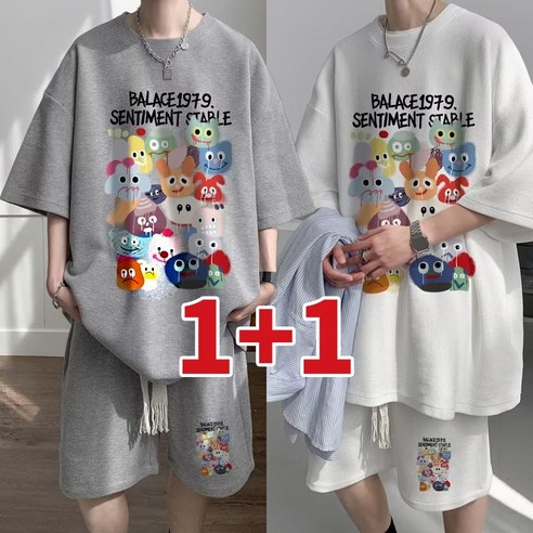 1+1 남자 오버핏 여름 반팔 라운드넥 프린트 트레이닝복 세트 반팔+반바지 데일리 빅사이즈 직장인 티 다양한 체형 데일리트레이닝세트