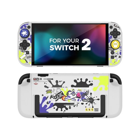 이이네 Switch 2 콘솔 보호 케이스 세트 닌텐도 스위치2 풀커버 스위치2 독 호환 조이스틱 캡 2개 포함 전면 보호 케이스 세트, 1세트, 스플래툰 보호 케이스, L1166