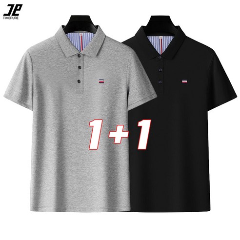 타임퓨어 남성 폴로 셔츠 1+1 쿨론 카라 반팔 티셔츠 터틀넥 상의 빅사이즈 중년 아빠룩 루즈핏 패션 여름 폴로넥 2종 세트