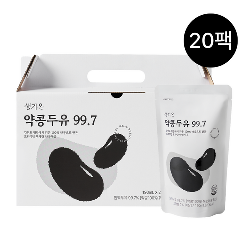 생기온 무가당 프리미엄 약콩두유 99.7 껍찔째 100% 국산 평창약콩 대학두유, 190ml, 20개