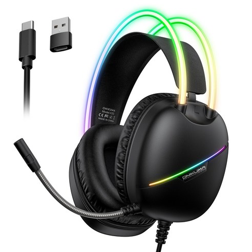 ONIKUMA 유선 게이밍 헤드셋 가상 7.1 usb RGB 노이즈캔슬링 마이크 X33, 블랙