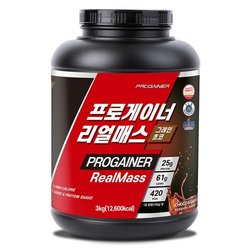 프로게이너 리얼매스 그레인초코 마른체형 벌크업 체중증가 곡물 탄수화물 단백질쉐이크 하드게이너, 1개, 3kg
