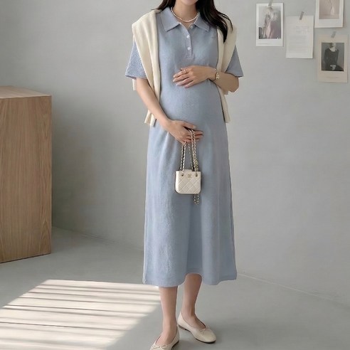 [당일출고] 수엠W 임산부 카라 롱원피스 수유가능 반팔 여름 하객룩 T08 라인버튼원피스