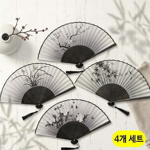 접이식 대나무 부채 휴대용 손부채 4개 세트, 멜란지 블랙, 1세트