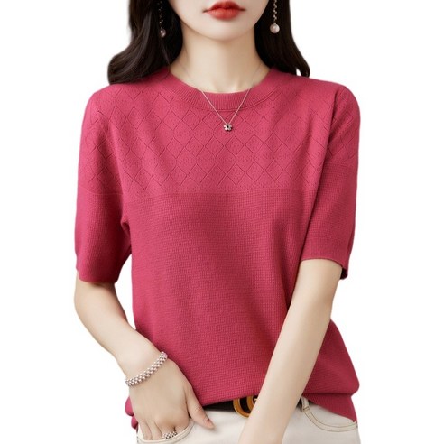 여성용 라운드넥 다이아몬드 펀칭 반팔 니트 티셔츠 통기성 쿨링 부드러운 여성상의 DM291