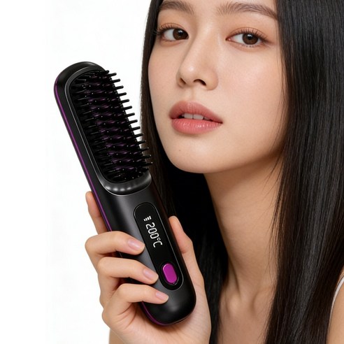 하루꿈 무선 빗 고데기 휴대용 브러쉬 스타일러 3단계 온도조절 USB 충전식 매직기, 블랙, 1