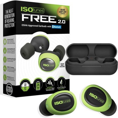 이어폰 ISOtunes 프리 2.0 OSHA 이어버드 무선 블루투스 작업용 청력 보호 25dB 소음 감소 21시간 배터리 수명 노이즈 캔슬링 마이크 안전 그린 3246473