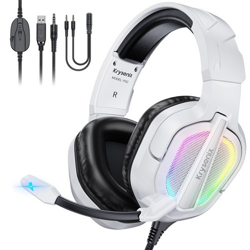 Krysenix 유선 게이밍 헤드셋 PG2 초경량 가상 7.1채널 3D 사운드 RGB 노이즈 캔슬링 마이크, 화이트 블랙
