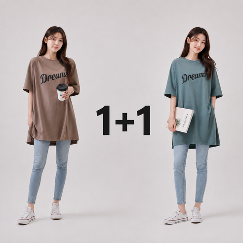 1+1 여성 오버핏 반팔 롱티셔츠 루즈핏 레터링 빅사이즈 롱티 101
