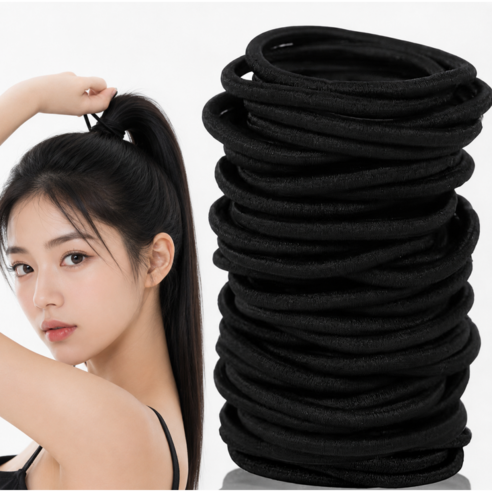 블랙포니 짱짱한 고탄력 대용량 여성 머리고무줄 머리끈 50P